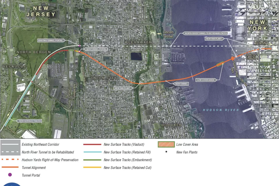 Map of proposed alignment of new Hudson Tunnel between New Jersey and New York City